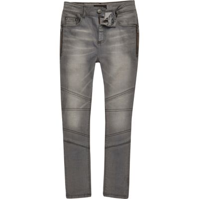 Boys light grey biker skinny jeans